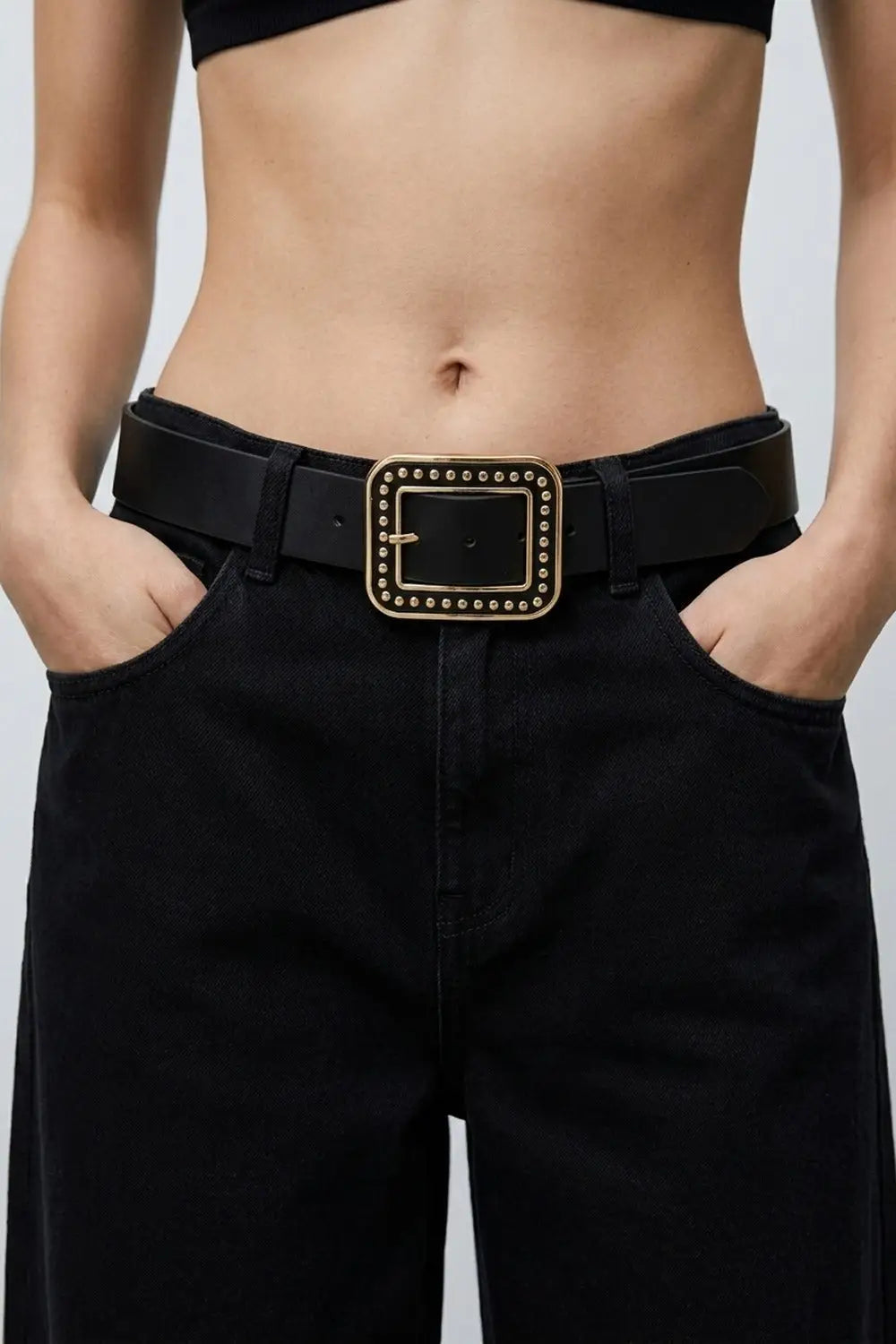 Black Faux Leather Studded Square Buckle Waist Belt - Belts