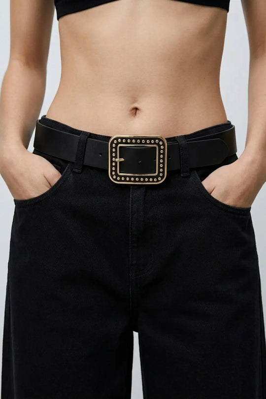 Black Faux Leather Studded Square Buckle Waist Belt - Belts