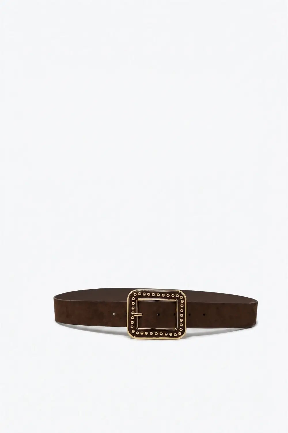 Brown Suede Finish Gold Studded Square Buckle Waist Belt - Belts