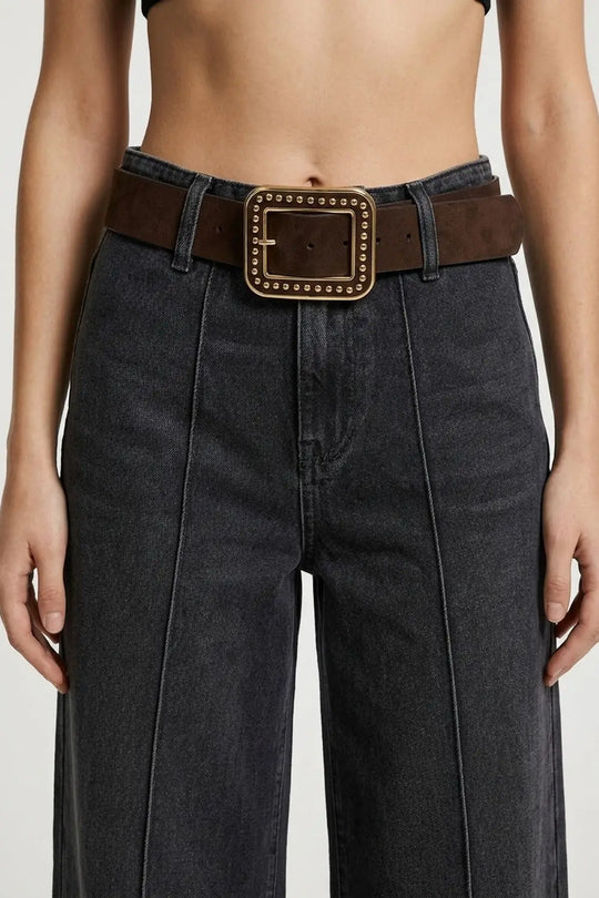 Brown Suede Finish Gold Studded Square Buckle Waist Belt - Belts