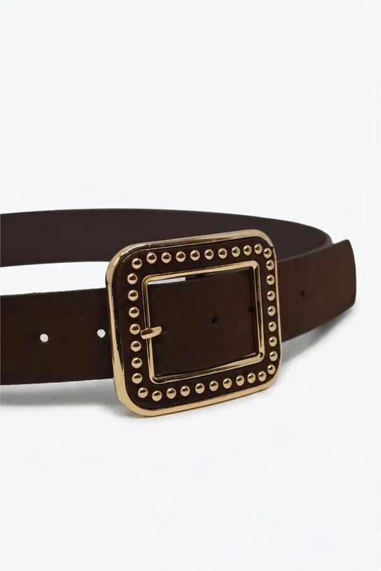 Brown Suede Finish Gold Studded Square Buckle Waist Belt - Belts