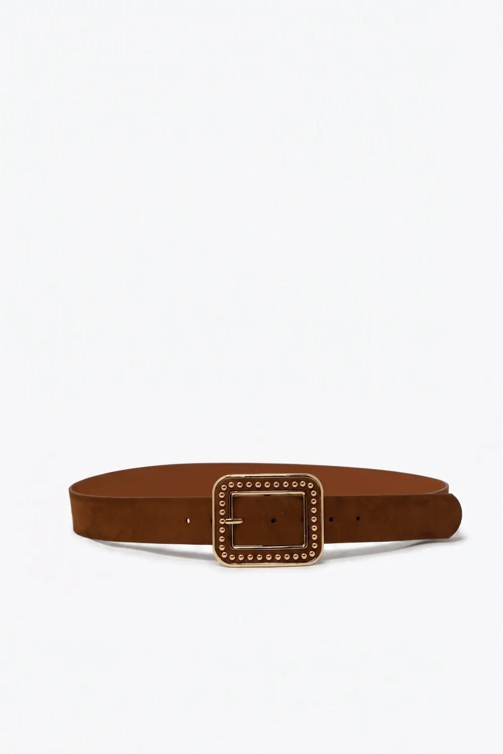 Camel Faux Leather Studded Square Buckle Wide Belt - Belts