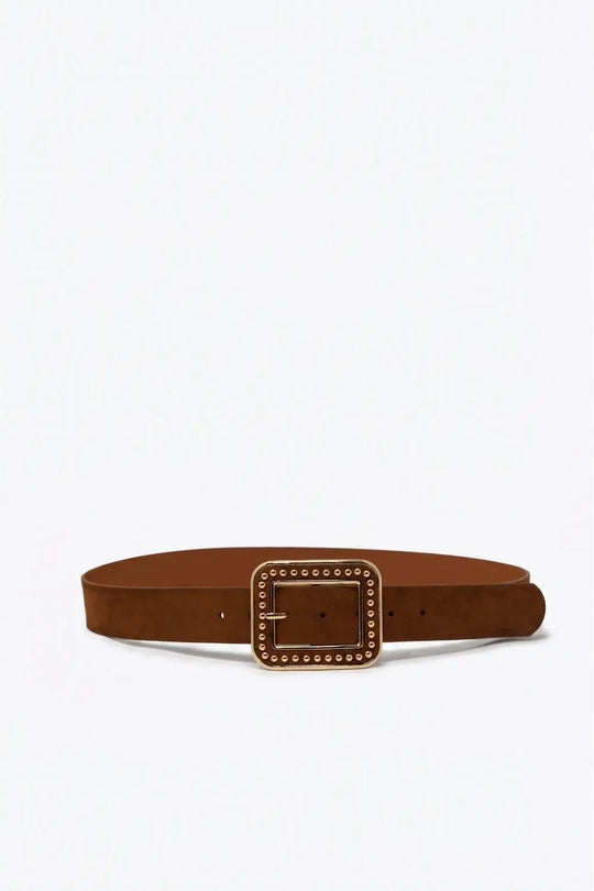Camel Faux Leather Studded Square Buckle Wide Belt - Belts