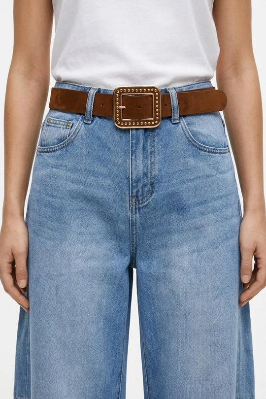Camel Faux Leather Studded Square Buckle Wide Belt - Belts