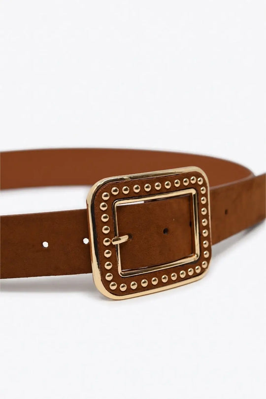 Camel Faux Leather Studded Square Buckle Wide Belt - Belts