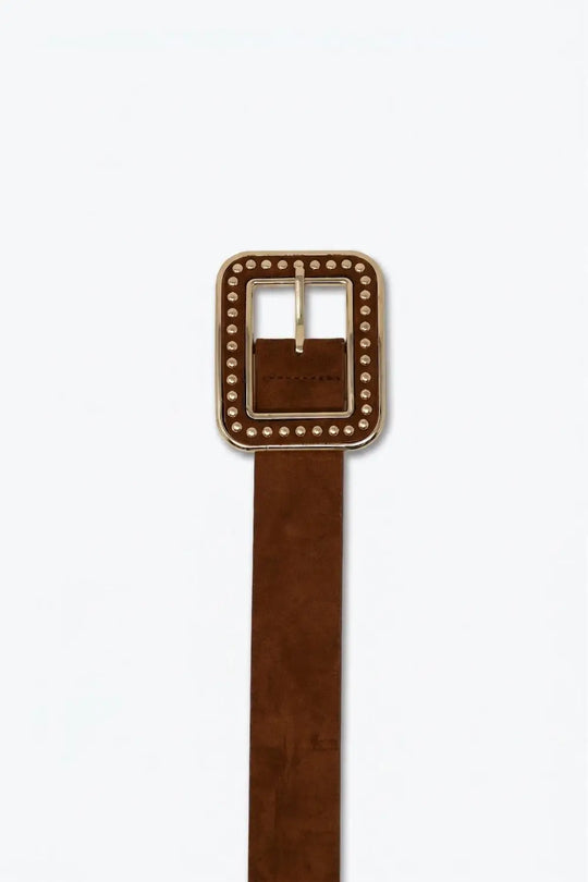 Camel Faux Leather Studded Square Buckle Wide Belt - Belts