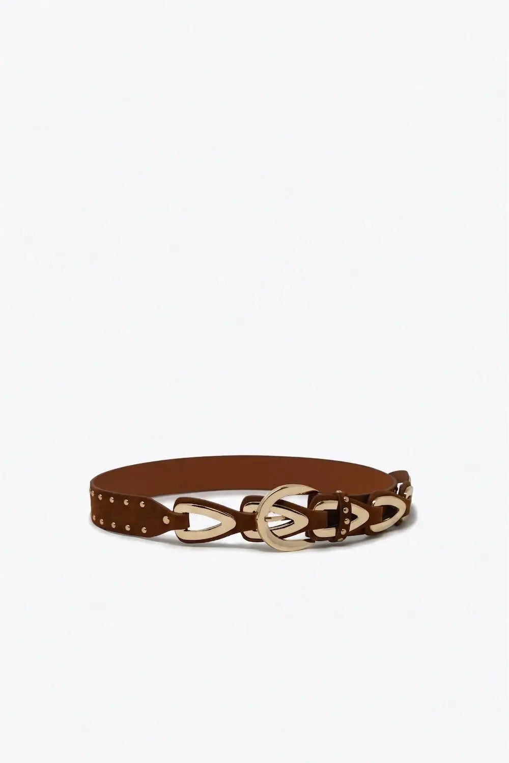 Brown Faux Leather Studded Western Buckle Detail Waist Belt - BROWN / ONE - Belts