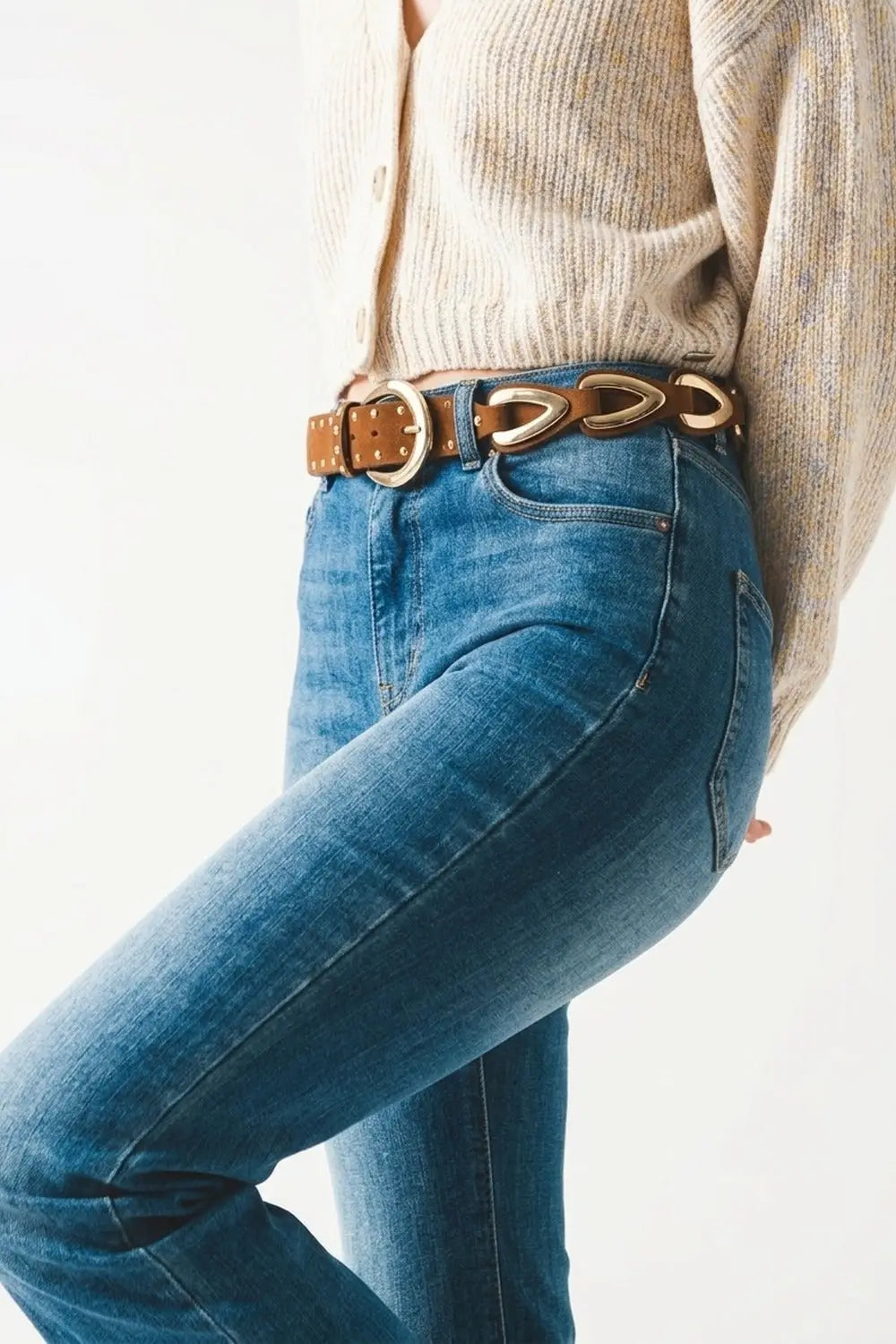 Brown Faux Leather Studded Western Buckle Detail Waist Belt - BROWN / ONE - Belts
