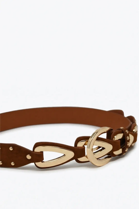 Brown Faux Leather Studded Western Buckle Detail Waist Belt - BROWN / ONE - Belts