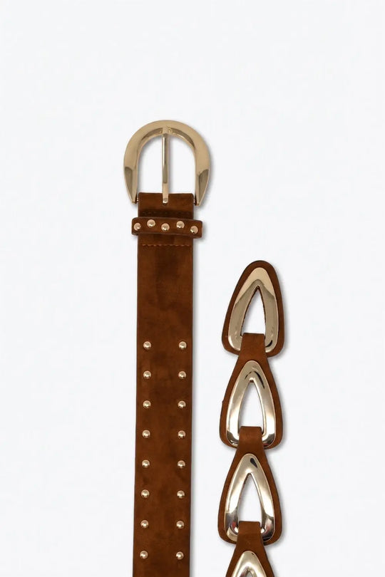 Brown Faux Leather Studded Western Buckle Detail Waist Belt - BROWN / ONE - Belts