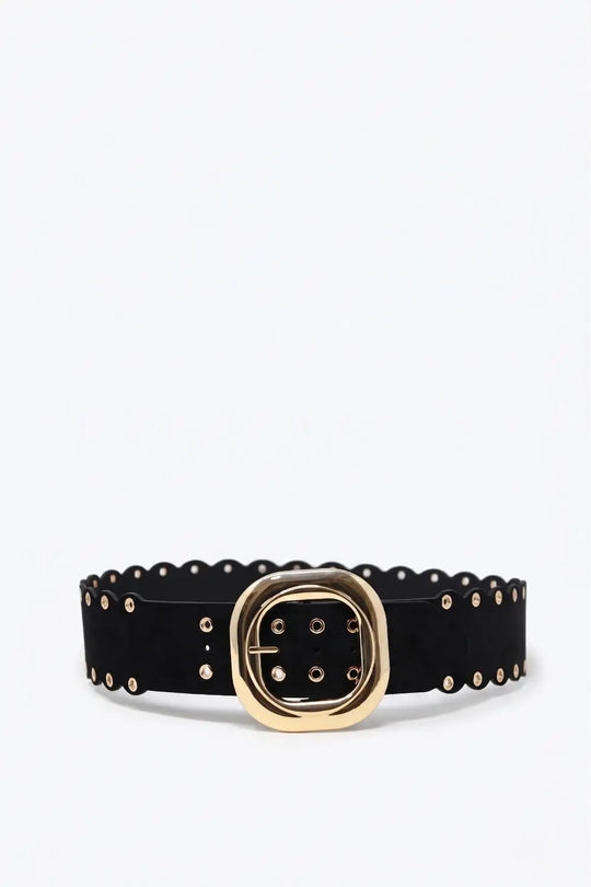 Black Faux Leather Gold Buckle Eyelet Scallop Edge Belt - Belts
