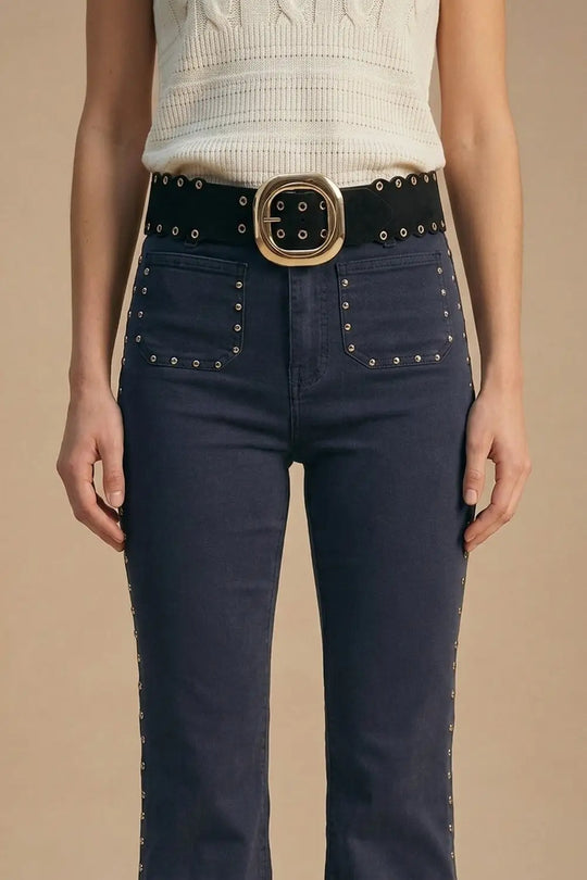 Black Faux Leather Gold Buckle Eyelet Scallop Edge Belt - Belts