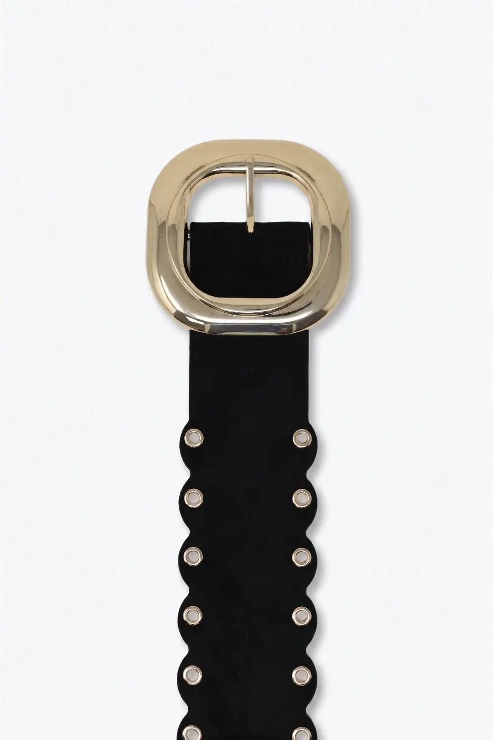 Black Faux Leather Gold Buckle Eyelet Scallop Edge Belt - Belts