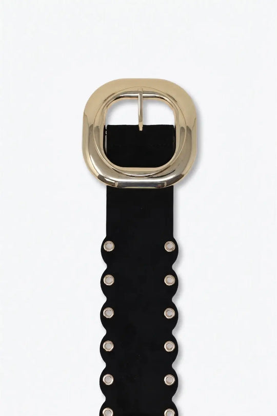 Black Faux Leather Gold Buckle Eyelet Scallop Edge Belt - Belts