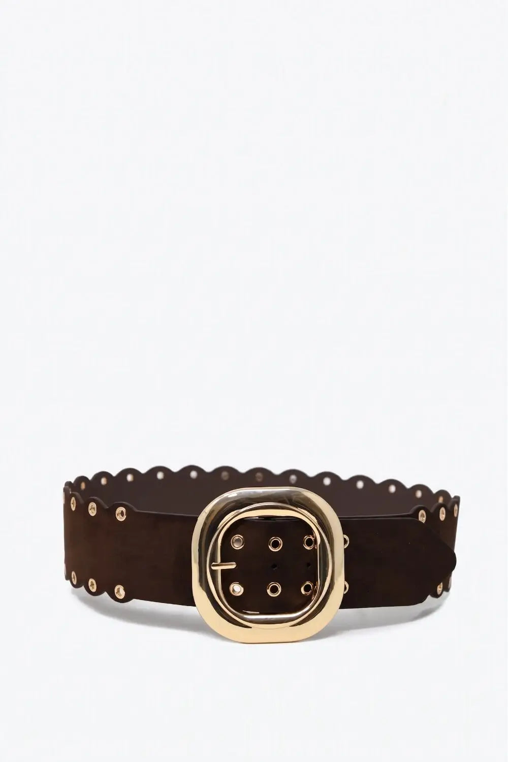 Choco Suede Scallop Edge Gold Buckle Grommet Detail Belt - Belts