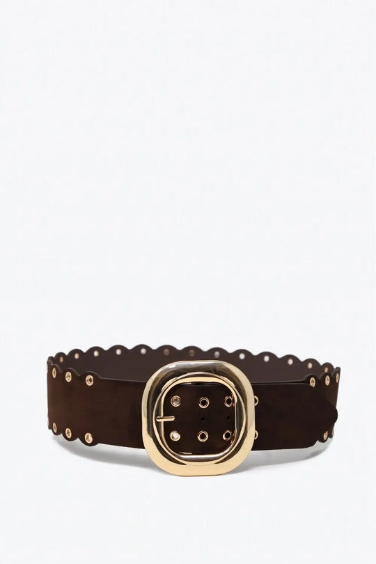 Choco Suede Scallop Edge Gold Buckle Grommet Detail Belt - Belts