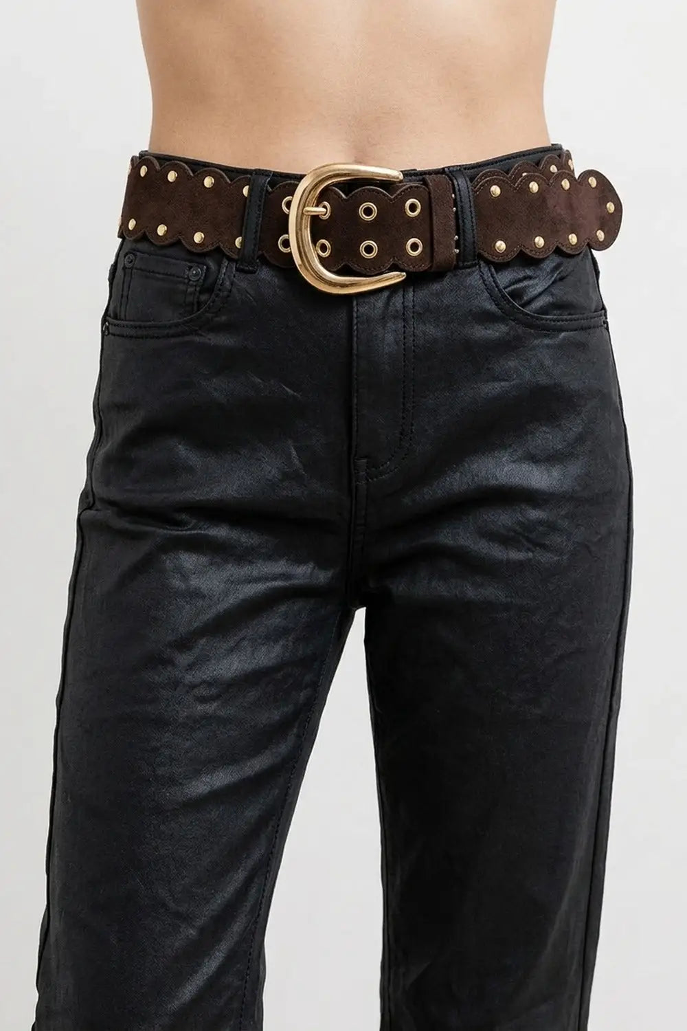 Choco Suede Scallop Edge Gold Buckle Grommet Detail Belt - Belts