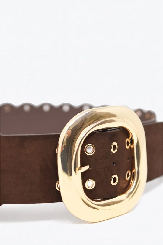 Choco Suede Scallop Edge Gold Buckle Grommet Detail Belt - Belts