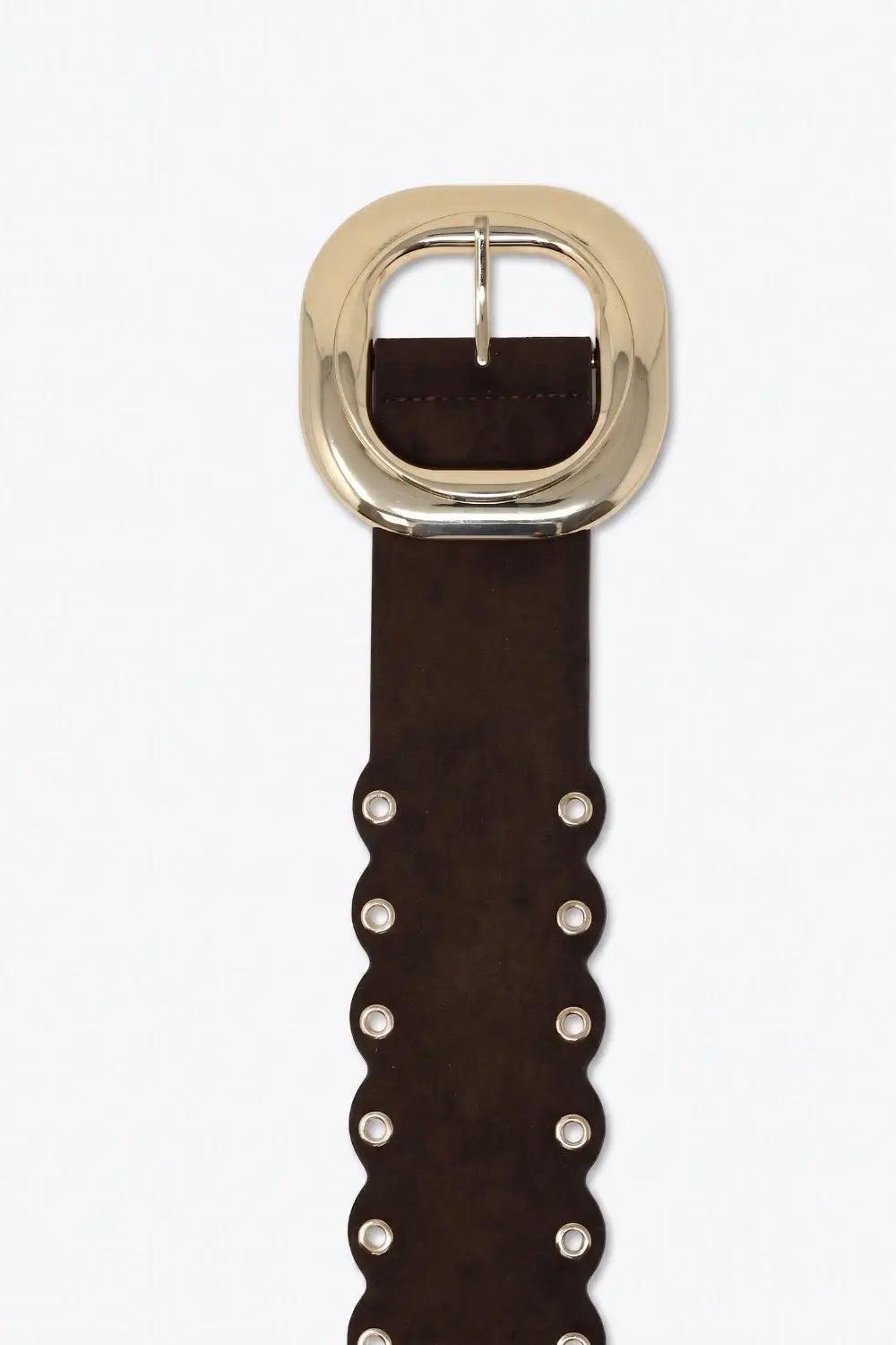 Choco Suede Scallop Edge Gold Buckle Grommet Detail Belt - Belts