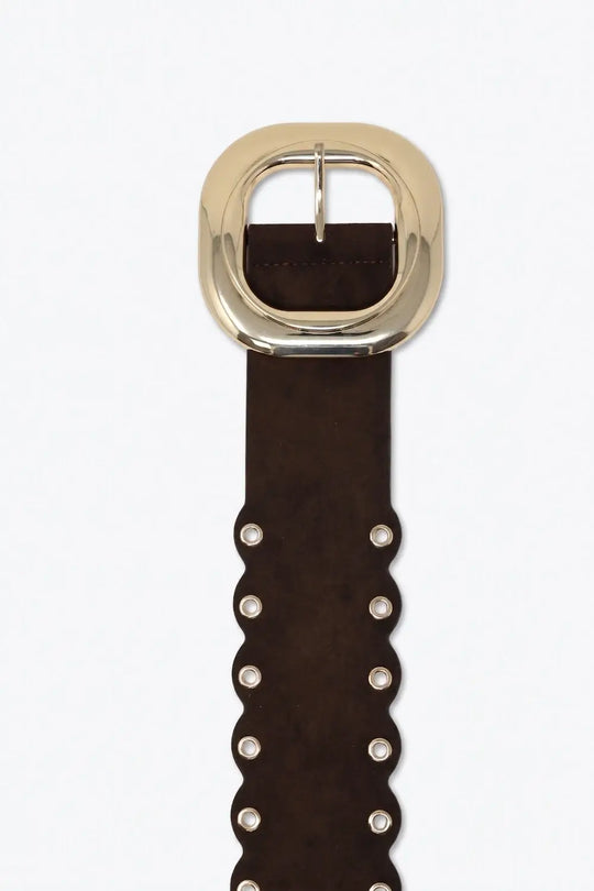 Choco Suede Scallop Edge Gold Buckle Grommet Detail Belt - Belts