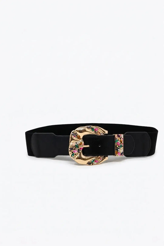 Black Faux Leather Embellished Gold Buckle Wide Waist Belt - BLACK / ONE - Belts