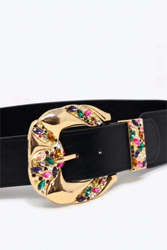 Black Faux Leather Embellished Gold Buckle Wide Waist Belt - BLACK / ONE - Belts