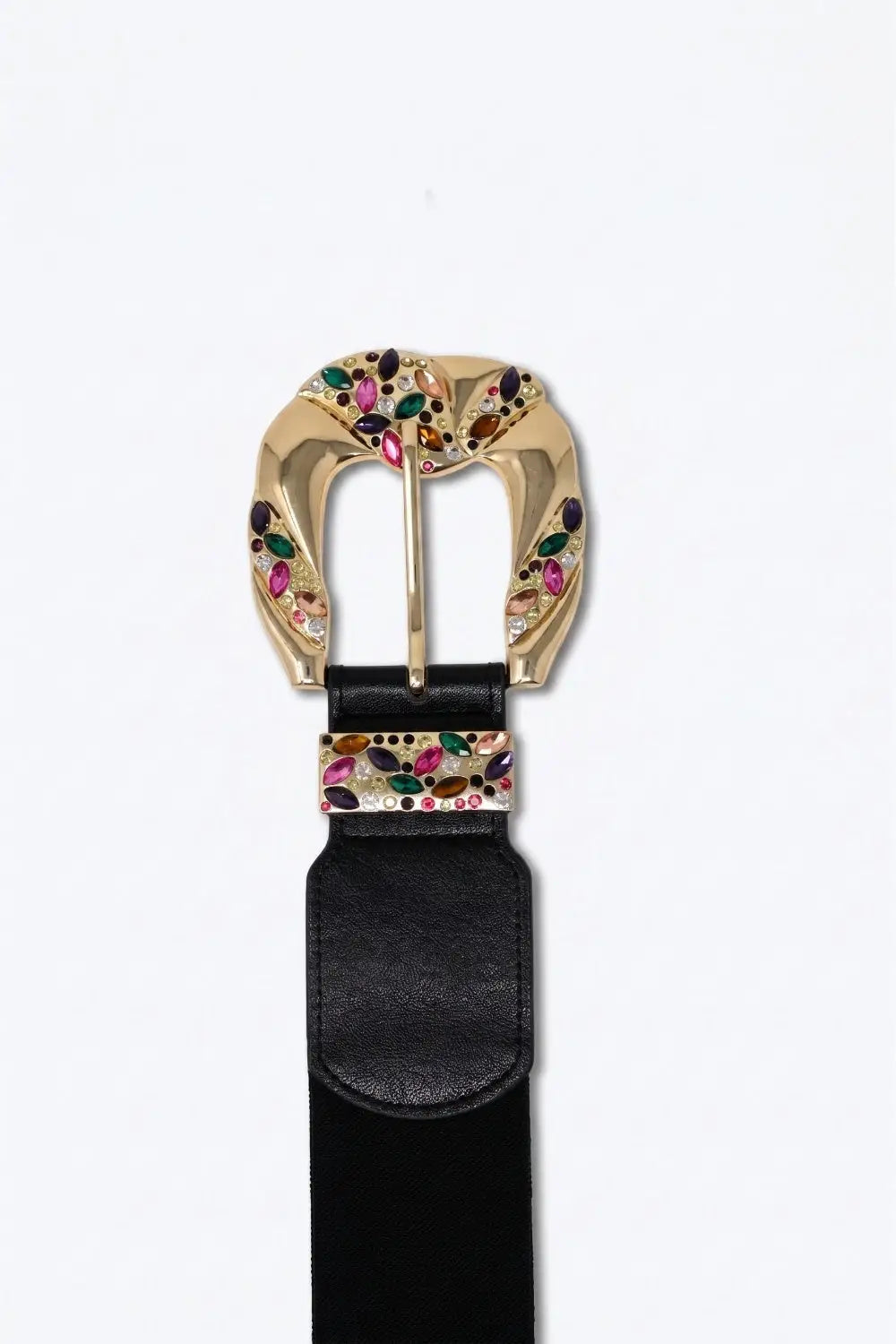 Black Faux Leather Embellished Gold Buckle Wide Waist Belt - BLACK / ONE - Belts