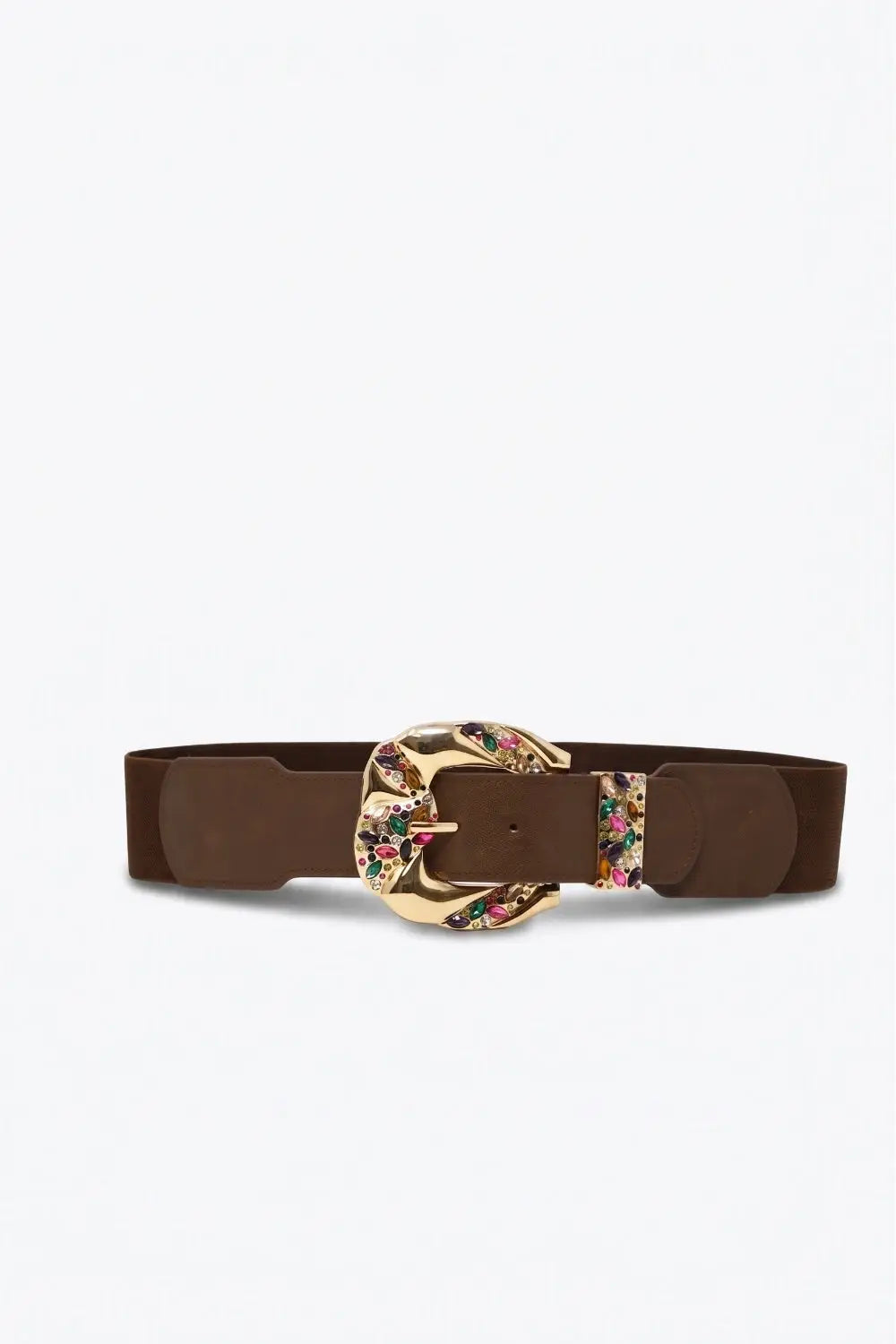 Choco Faux Leather Gold Floral Buckle Wide Waist Belt - BROWN / ONE - Belts