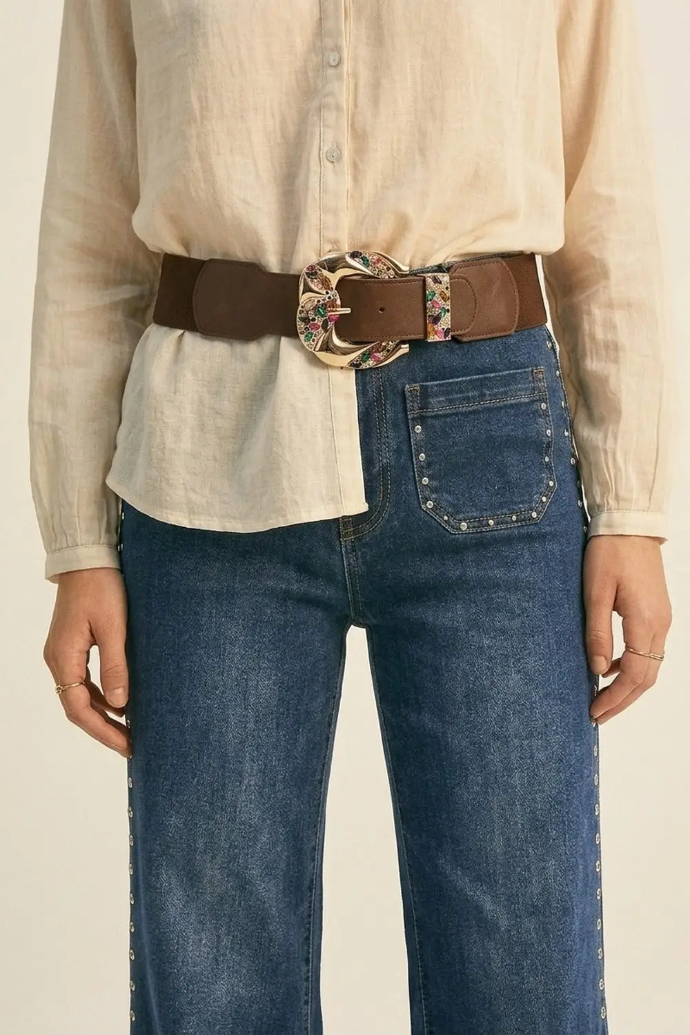 Choco Faux Leather Gold Floral Buckle Wide Waist Belt - BROWN / ONE - Belts