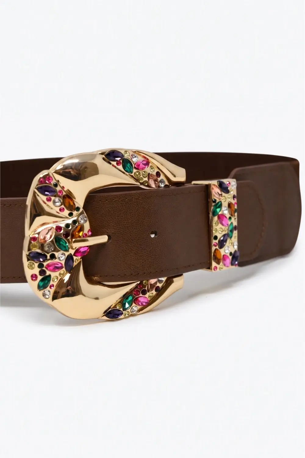 Choco Faux Leather Gold Floral Buckle Wide Waist Belt - BROWN / ONE - Belts