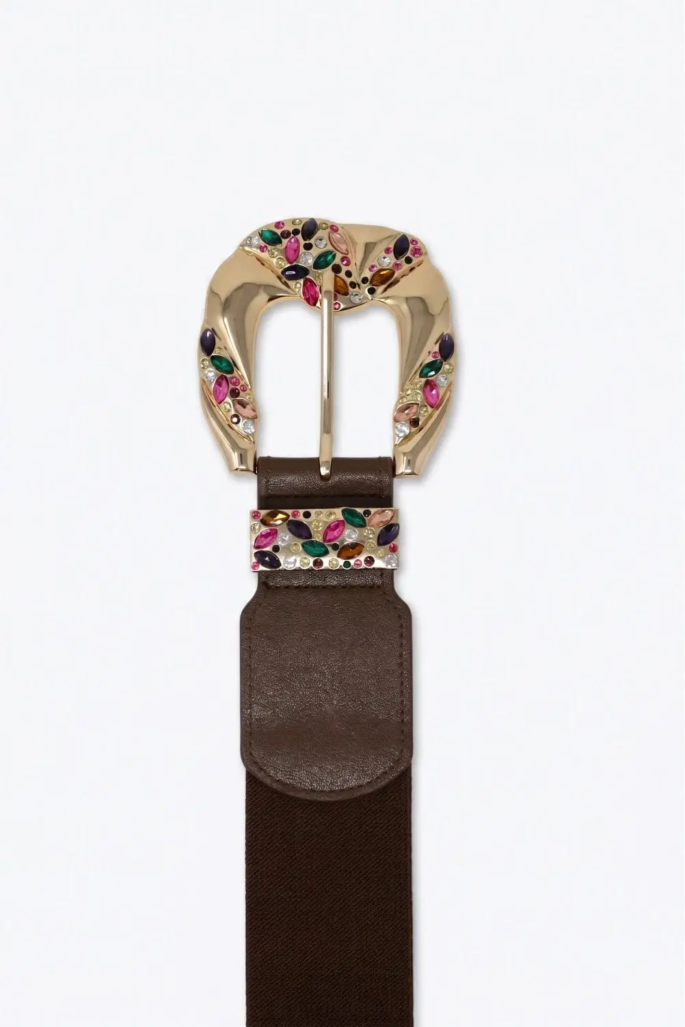 Choco Faux Leather Gold Floral Buckle Wide Waist Belt - BROWN / ONE - Belts