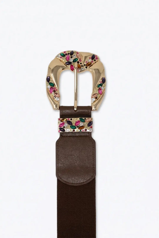 Choco Faux Leather Gold Floral Buckle Wide Waist Belt - BROWN / ONE - Belts