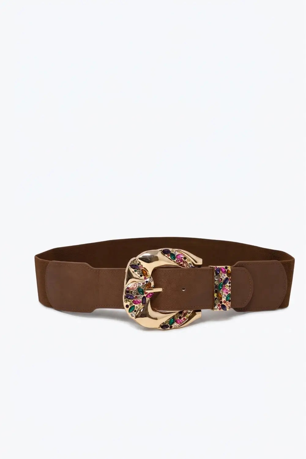 Brown Faux Leather Gold Multicolor Embellished Buckle Wide Belt - BROWN / ONE - Belts