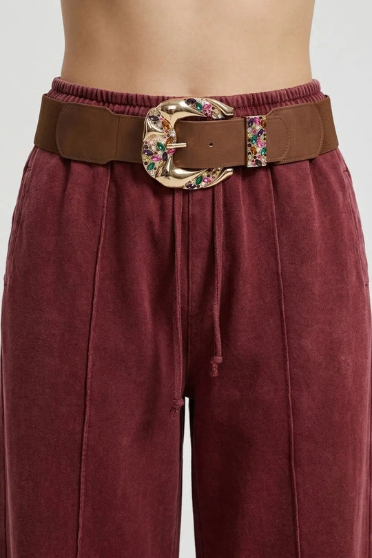 Brown Faux Leather Gold Multicolor Embellished Buckle Wide Belt - BROWN / ONE - Belts