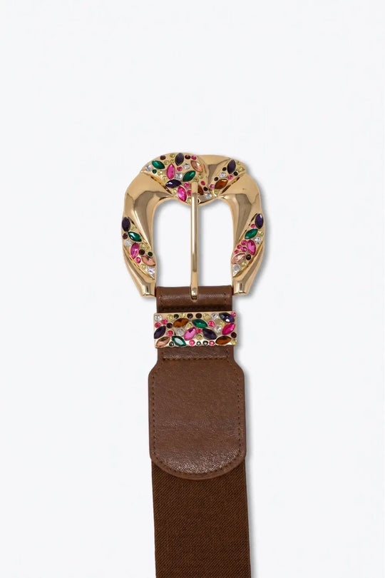 Brown Faux Leather Gold Multicolor Embellished Buckle Wide Belt - BROWN / ONE - Belts