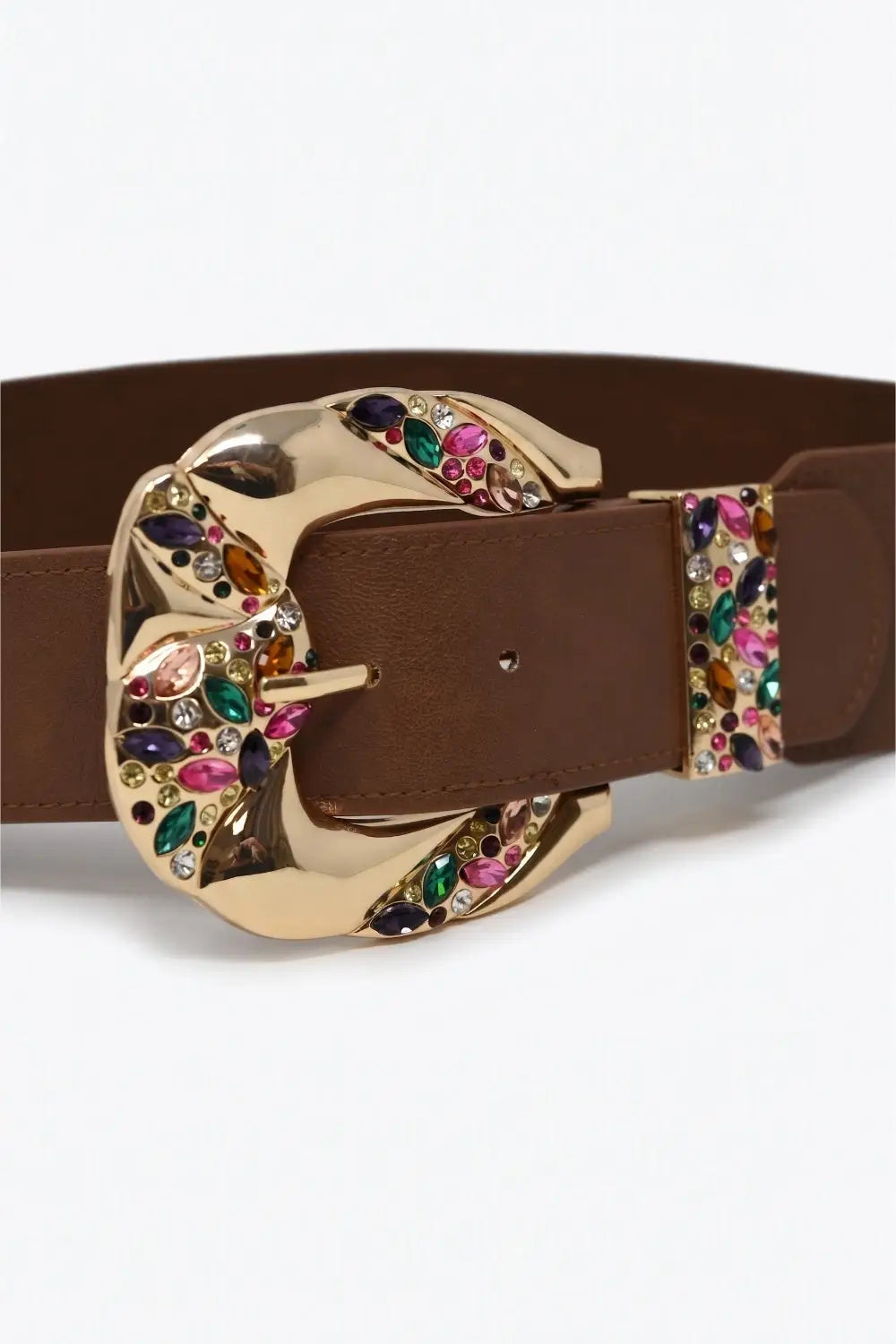 Brown Faux Leather Gold Multicolor Embellished Buckle Wide Belt - BROWN / ONE - Belts