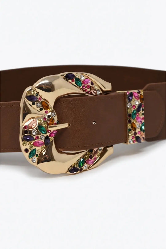 Brown Faux Leather Gold Multicolor Embellished Buckle Wide Belt - BROWN / ONE - Belts