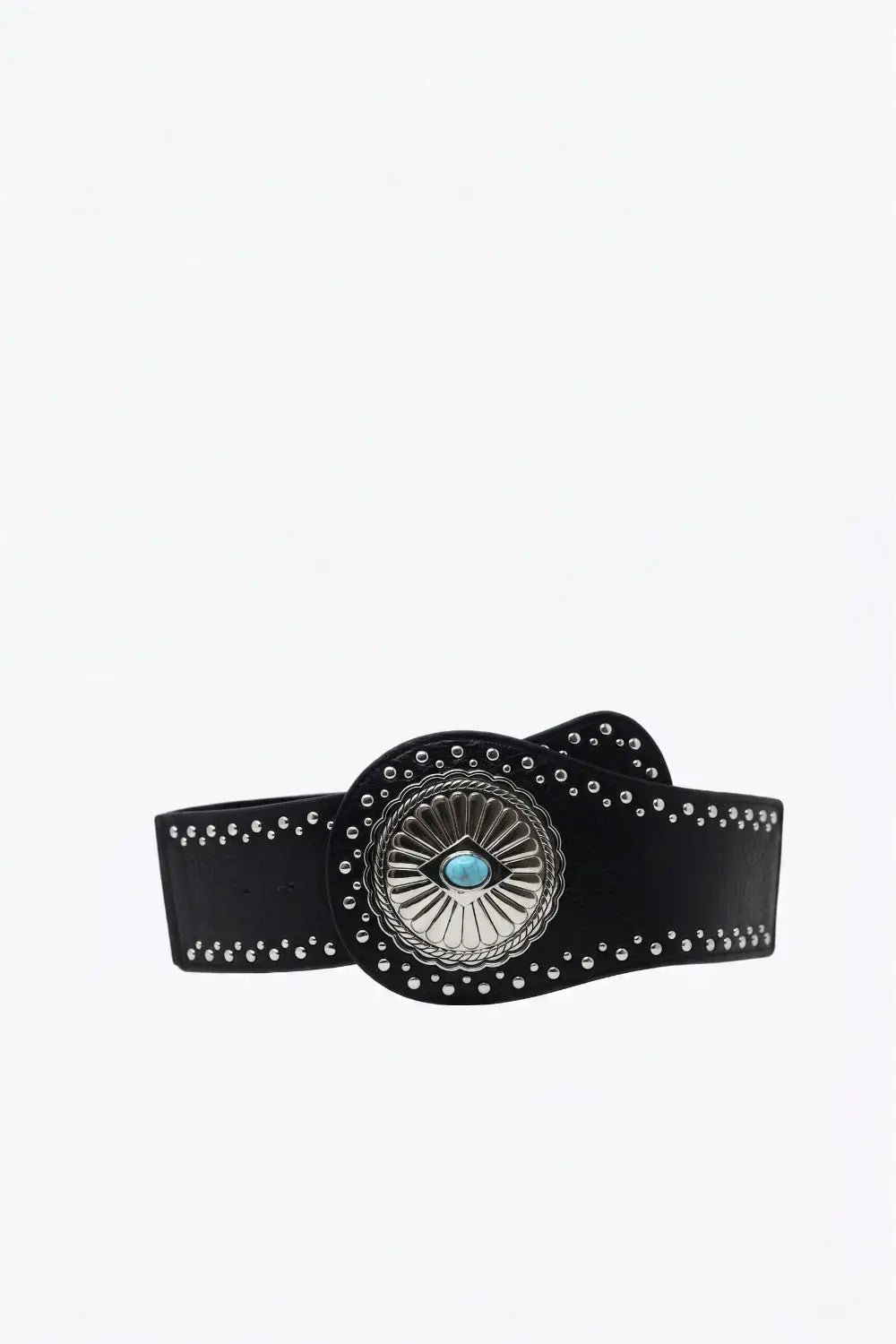 Black Faux Leather Silver Studded Turquoise Concho Wide Belt - BLACK / ONE - Belts