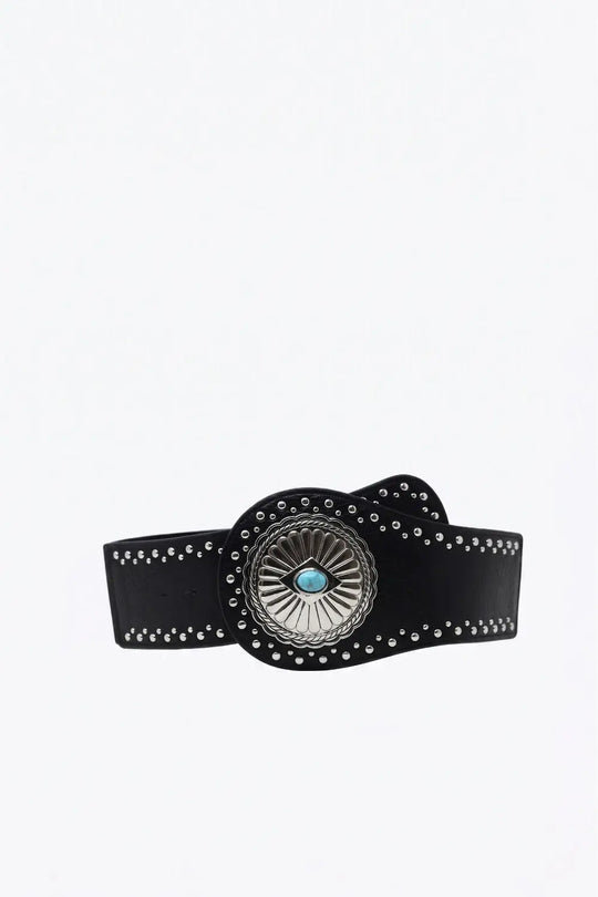 Black Faux Leather Silver Studded Turquoise Concho Wide Belt - BLACK / ONE - Belts