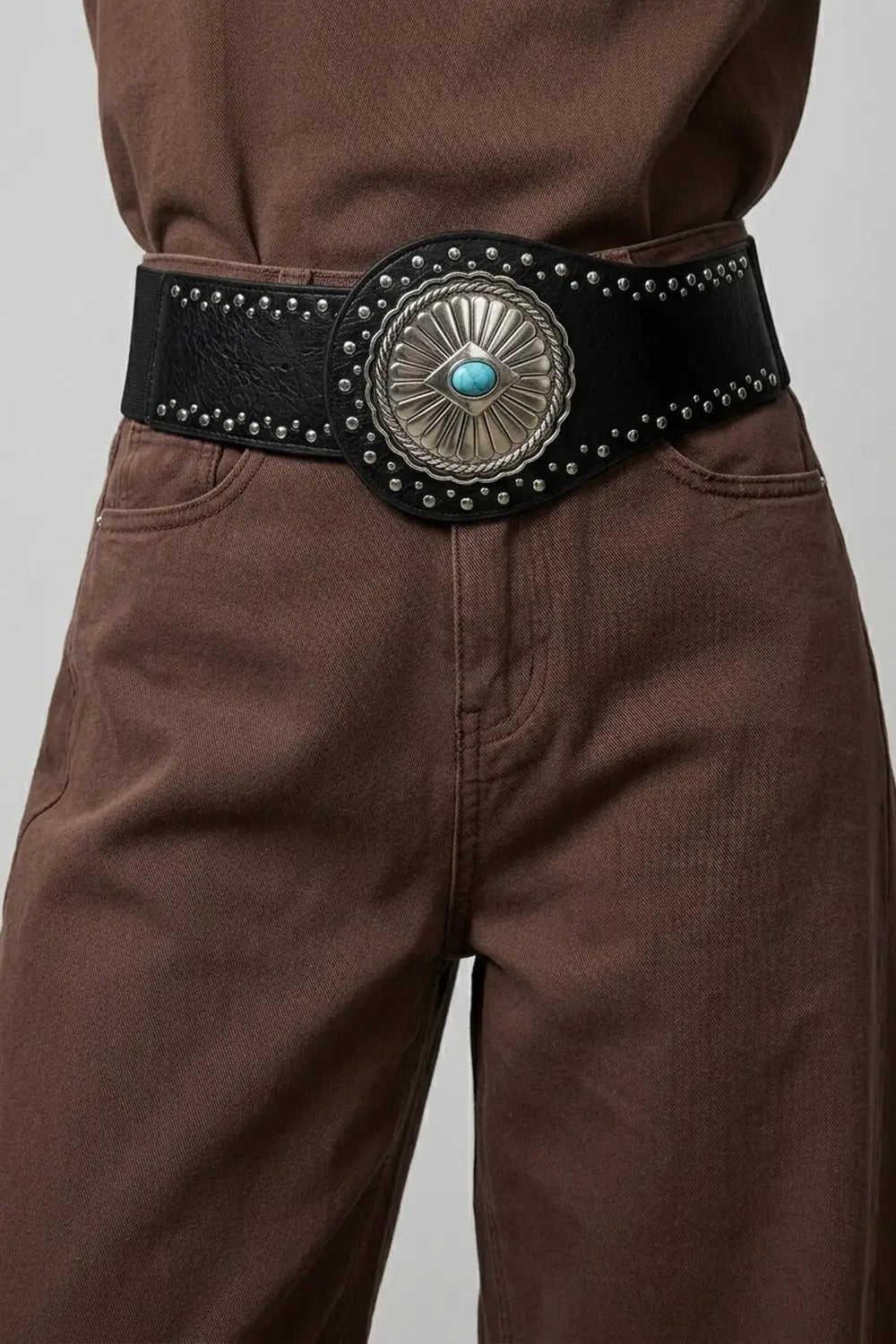 Black Faux Leather Silver Studded Turquoise Concho Wide Belt - BLACK / ONE - Belts