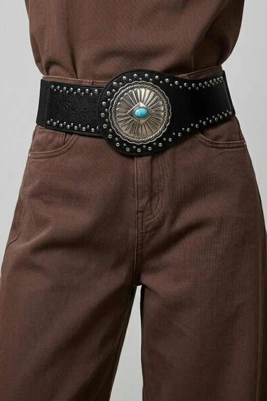 Black Faux Leather Silver Studded Turquoise Concho Wide Belt - BLACK / ONE - Belts