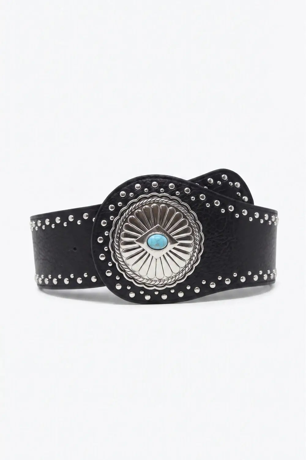 Black Faux Leather Silver Studded Turquoise Concho Wide Belt - BLACK / ONE - Belts