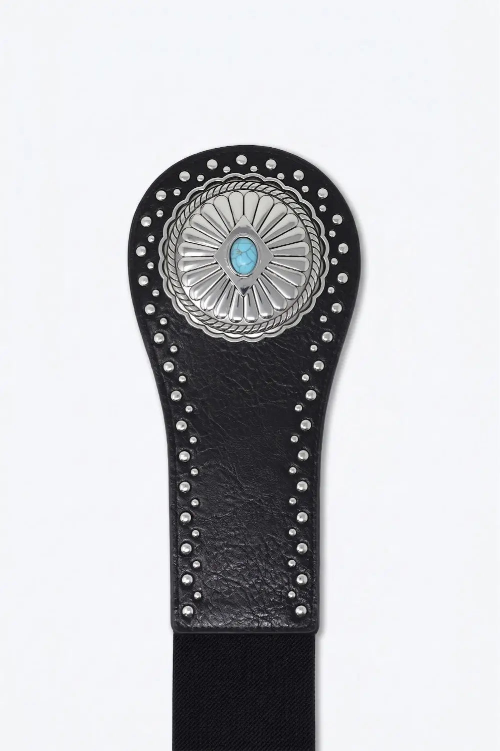 Black Faux Leather Silver Studded Turquoise Concho Wide Belt - BLACK / ONE - Belts