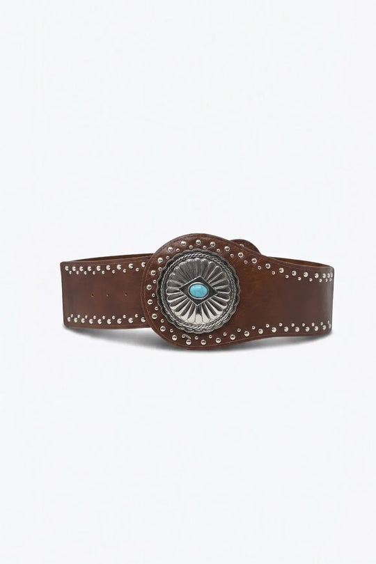 Brown Faux Leather Silver Studded Turquoise Buckle Wide Belt - BROWN / ONE - Belts