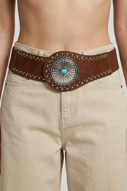 Brown Faux Leather Silver Studded Turquoise Buckle Wide Belt - BROWN / ONE - Belts