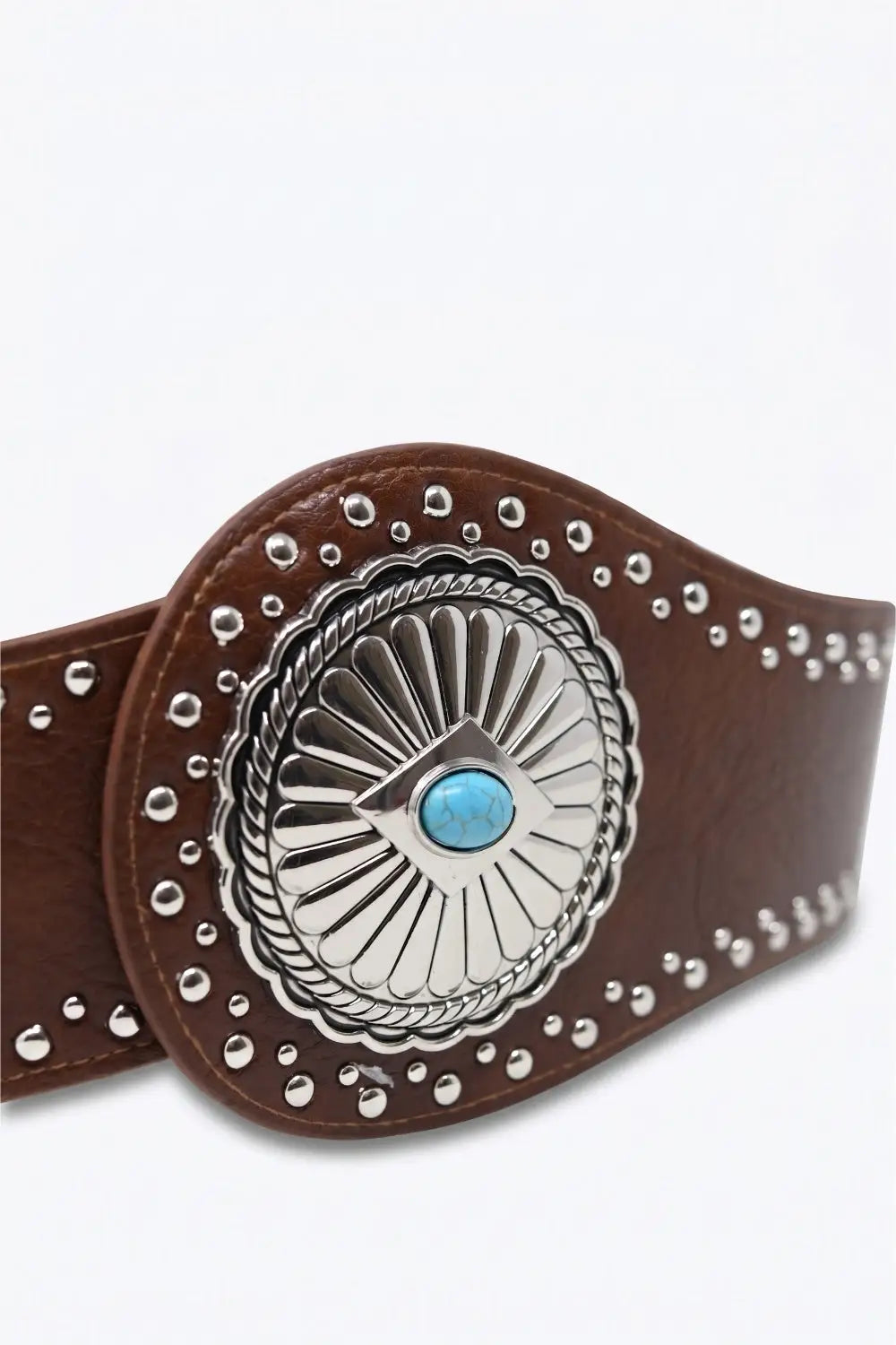 Brown Faux Leather Silver Studded Turquoise Buckle Wide Belt - BROWN / ONE - Belts
