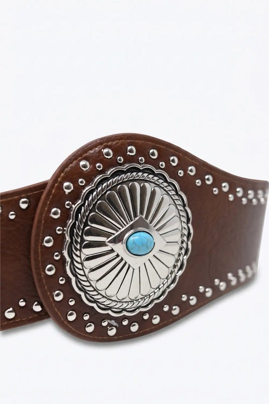Brown Faux Leather Silver Studded Turquoise Buckle Wide Belt - BROWN / ONE - Belts