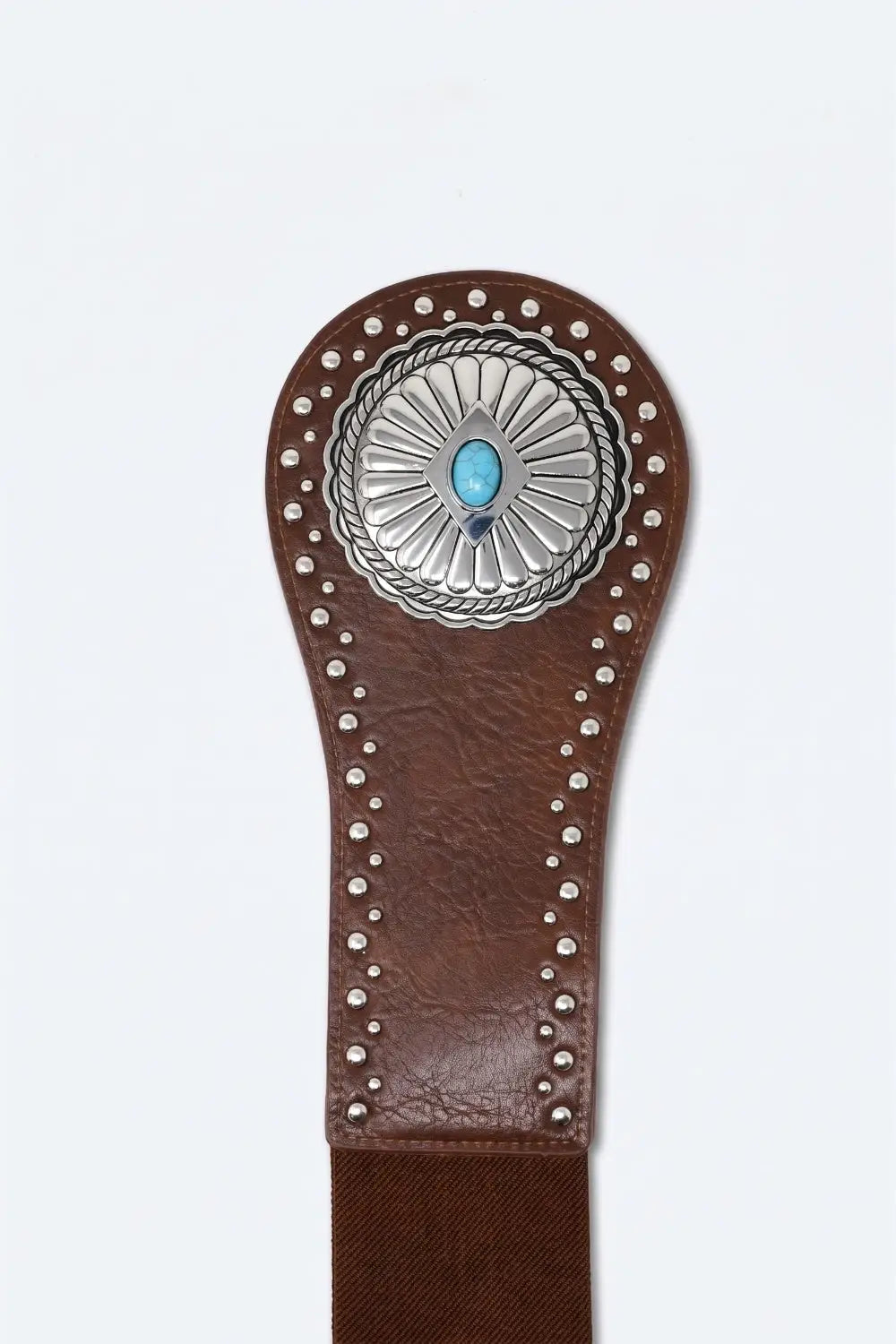 Brown Faux Leather Silver Studded Turquoise Buckle Wide Belt - BROWN / ONE - Belts