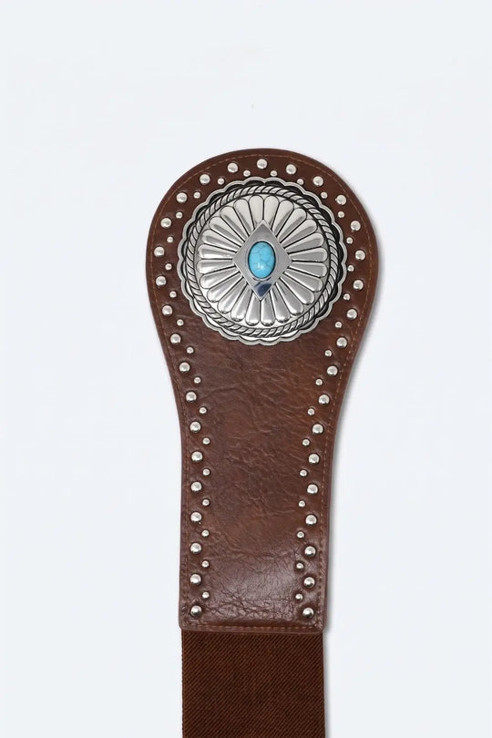 Brown Faux Leather Silver Studded Turquoise Buckle Wide Belt - BROWN / ONE - Belts