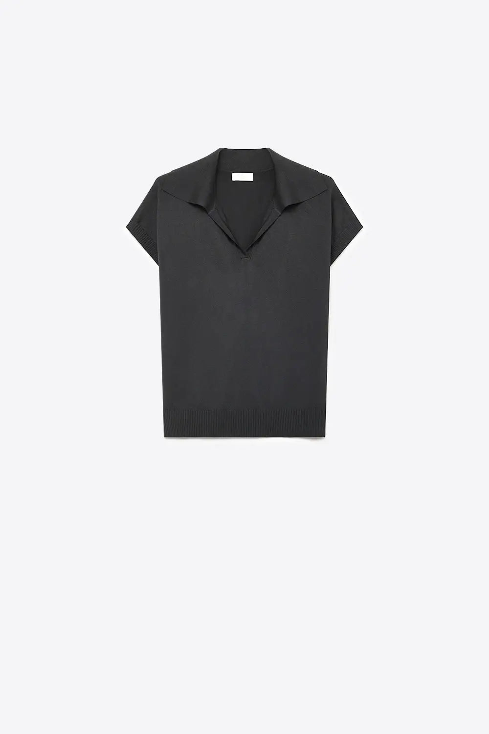 Black Fine Knit Polo Collar Rib Hem Regular Fit Top - BLACK / ONE - Polos